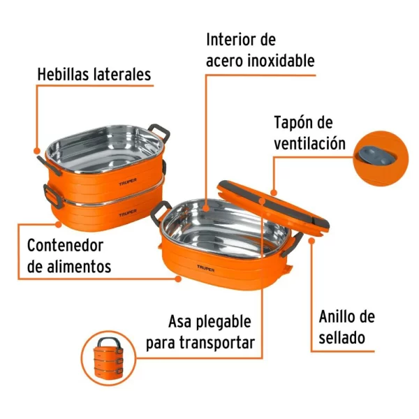 Portacomida Térmica Con 3 Recipientes De Acero Inoxidable - Imagen 2