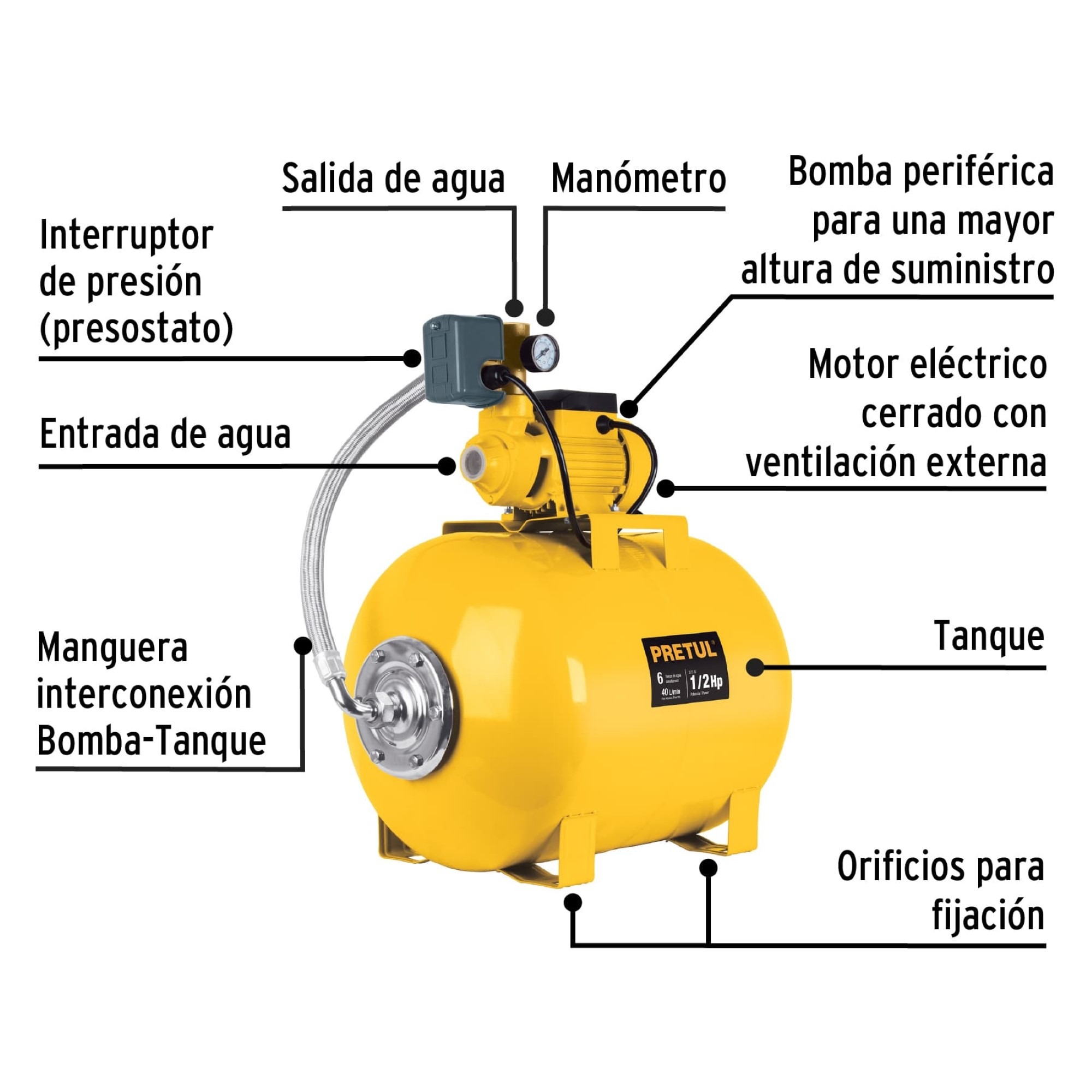 Bomba Hidroneumática Periférica De 1/2 HP Capacidad 50 L - Imagen 3
