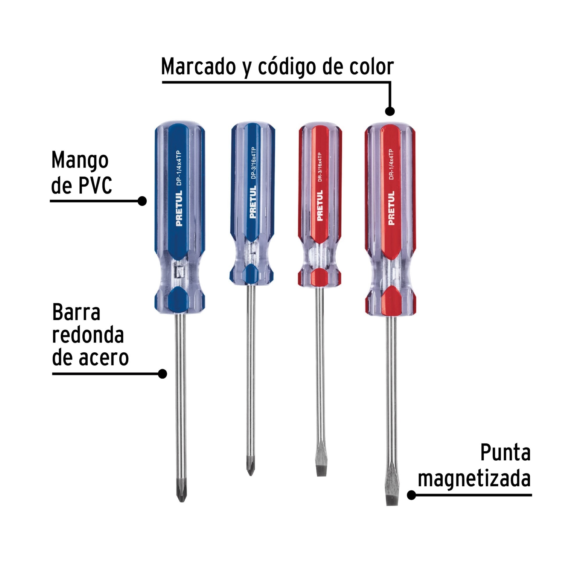 Juego De 4 Destornillares Mango De Pvc Con Puntas Magnéticas - Imagen 3