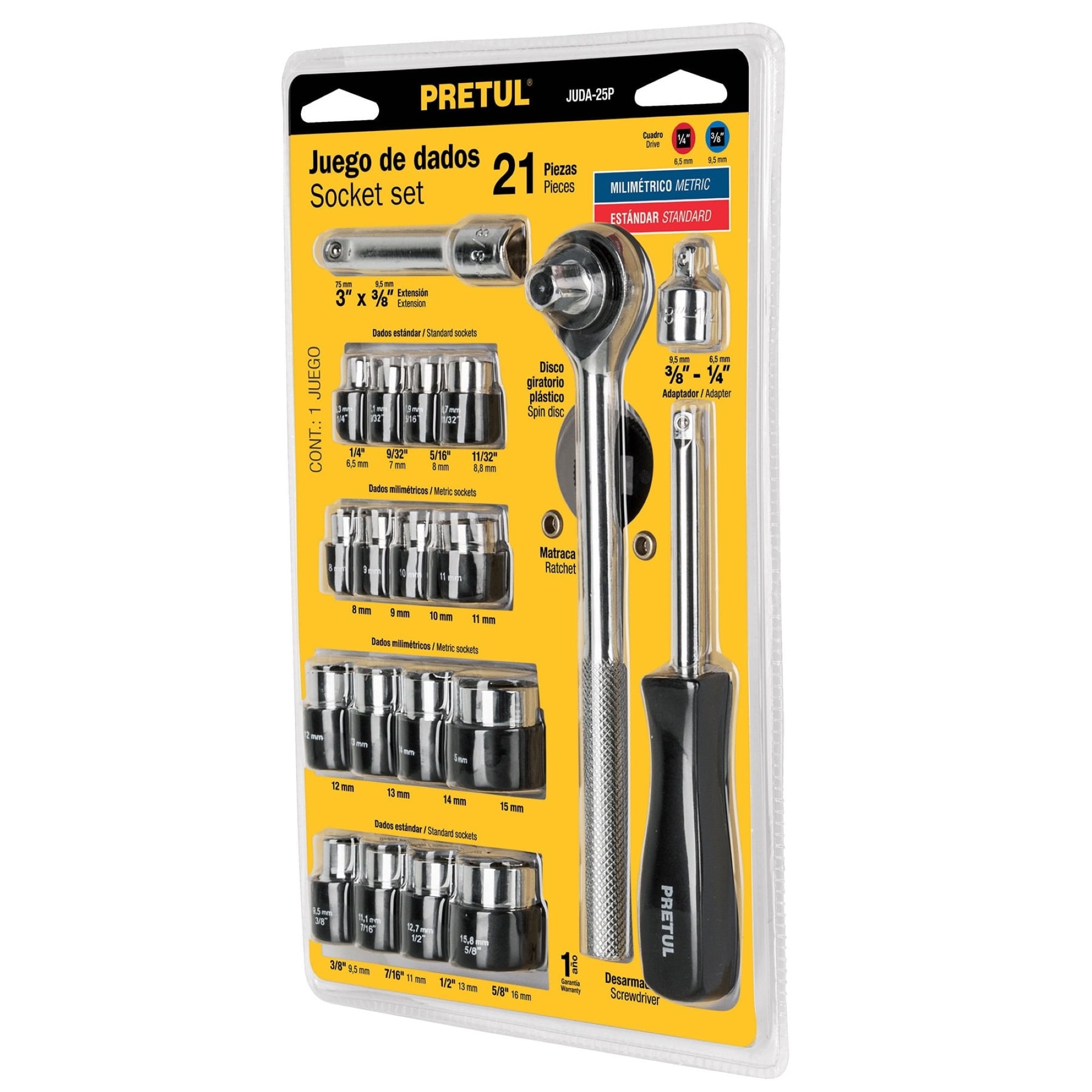 Juego De Copas Y Ratchet 21 Piezas. Cuadrante 1/4" Y 3/8"