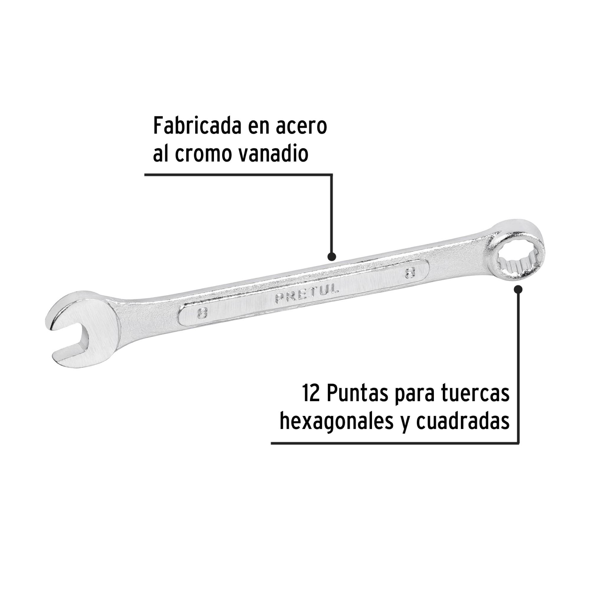 Llave Mixta De 8 mm En Acero Cromo Vanadio. Largo 120 mm - Imagen 3