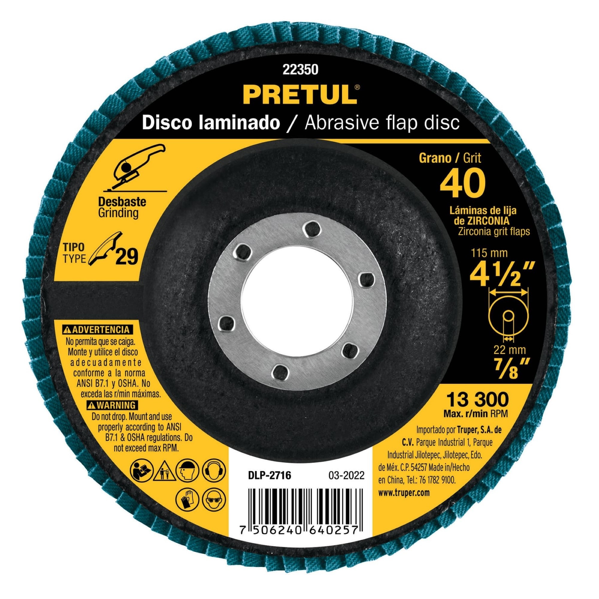 Disco Laminado Flap De 4.1/2" Centro 7/8" Grano 40