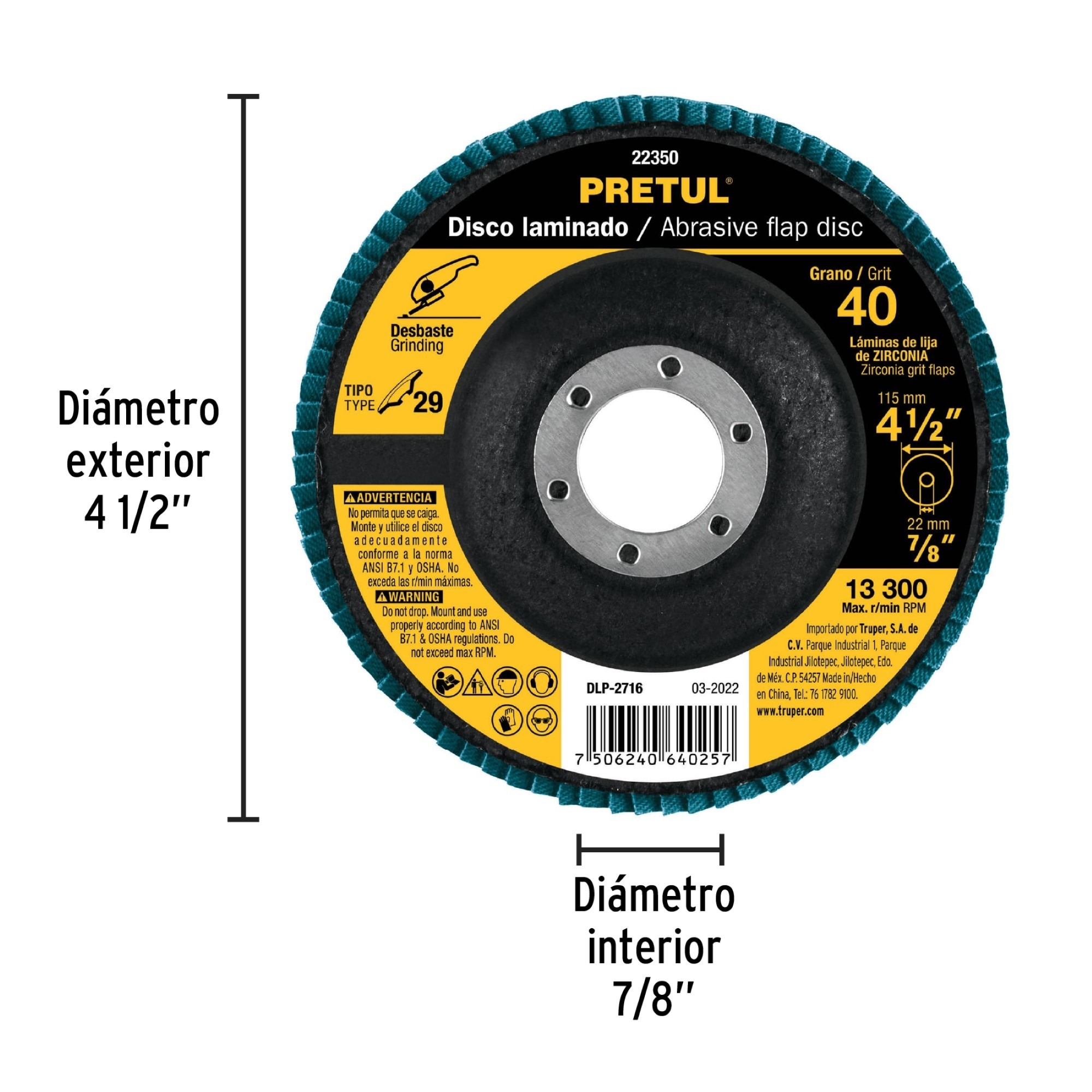 Disco Laminado Flap De 4.1/2" Centro 7/8" Grano 40 - Imagen 9