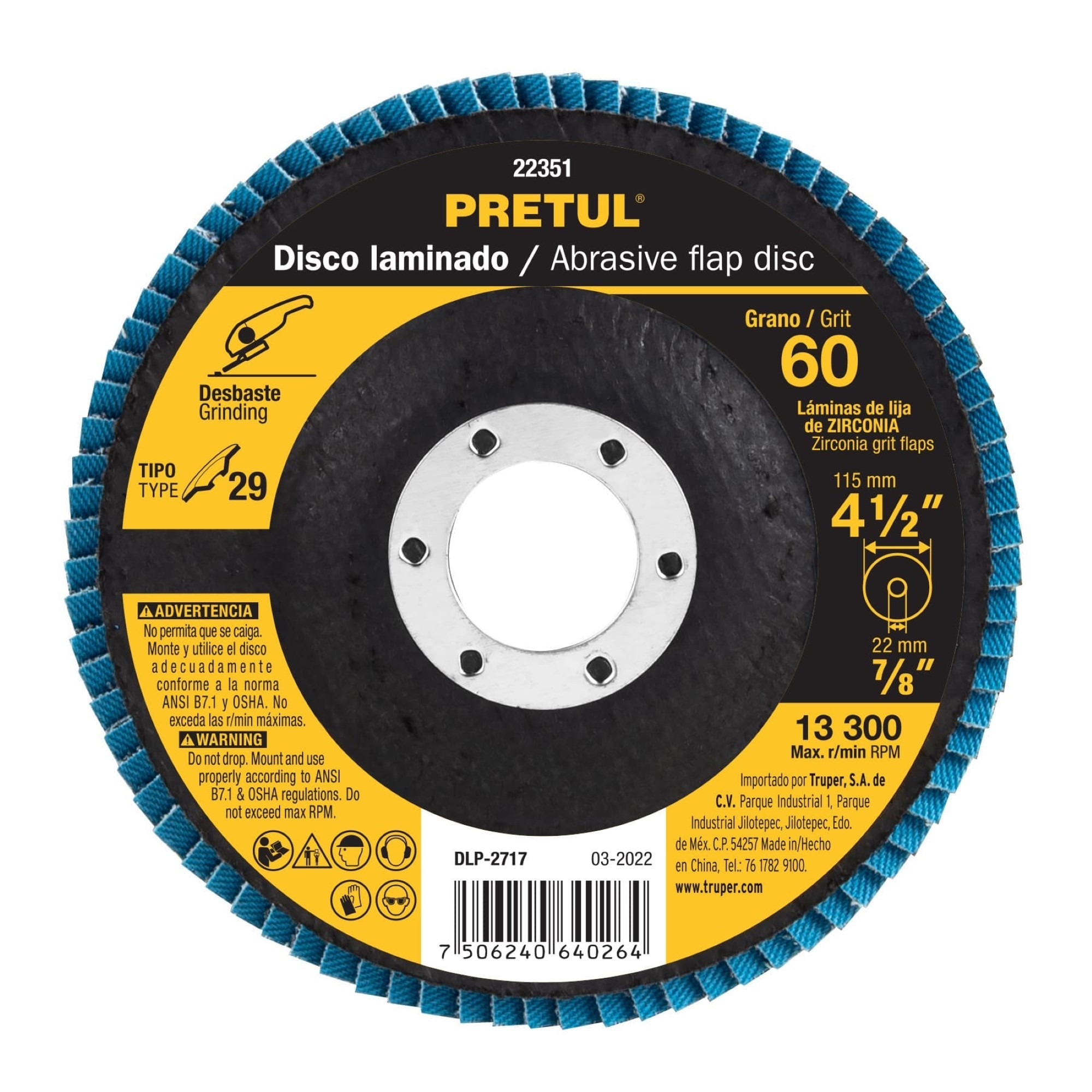 Disco Laminado Flap De 4.1/2" Centro 7/8" Grano 60