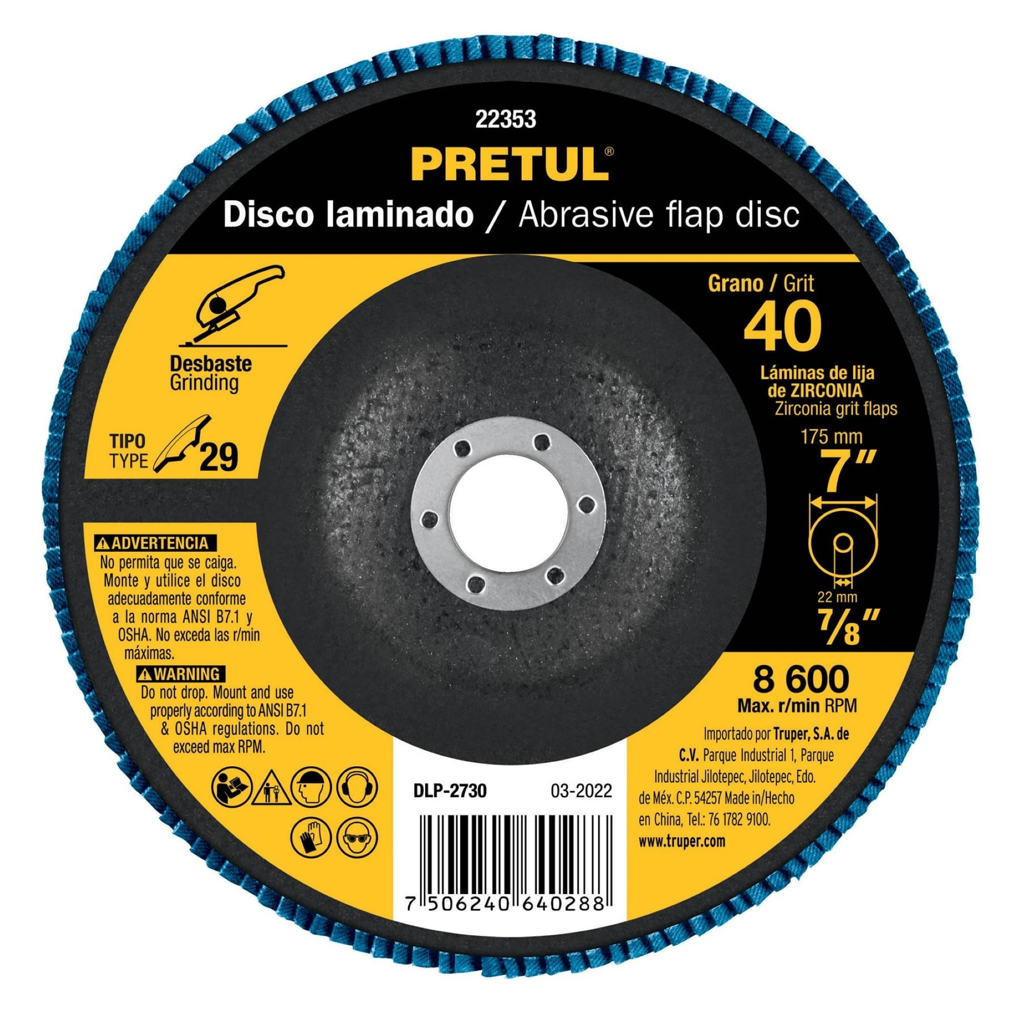 Disco Laminado Flap De 7". Centro 7/8". Grano 40