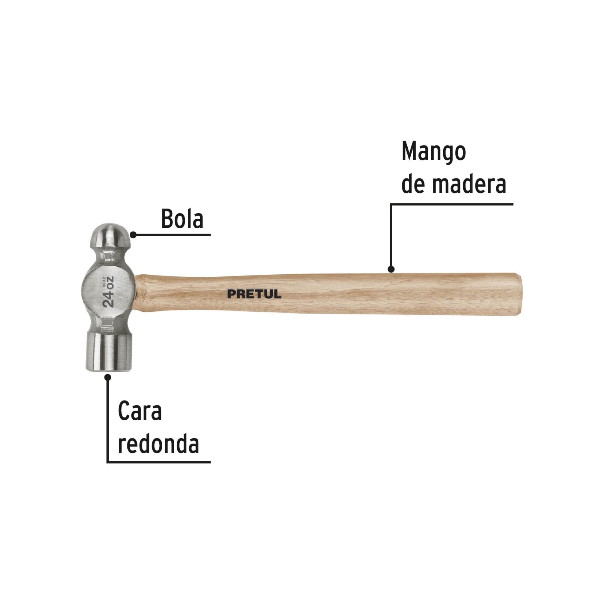 Martillo De Bola De 37 cm 24 Oz Mango De Madera - Imagen 2