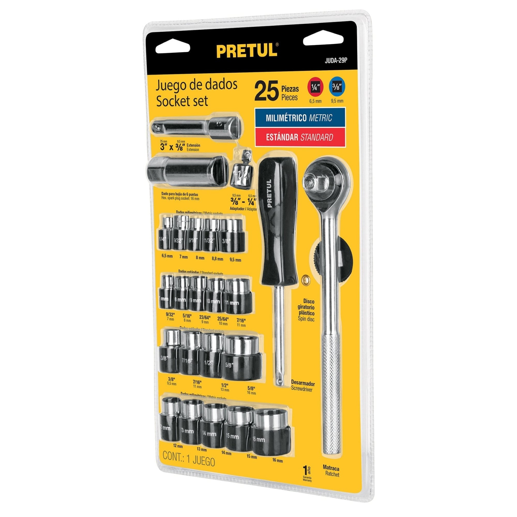 Juego De Copas Y Ratchet 25 Piezas. Cuadrante 1/4" Y 3/8"