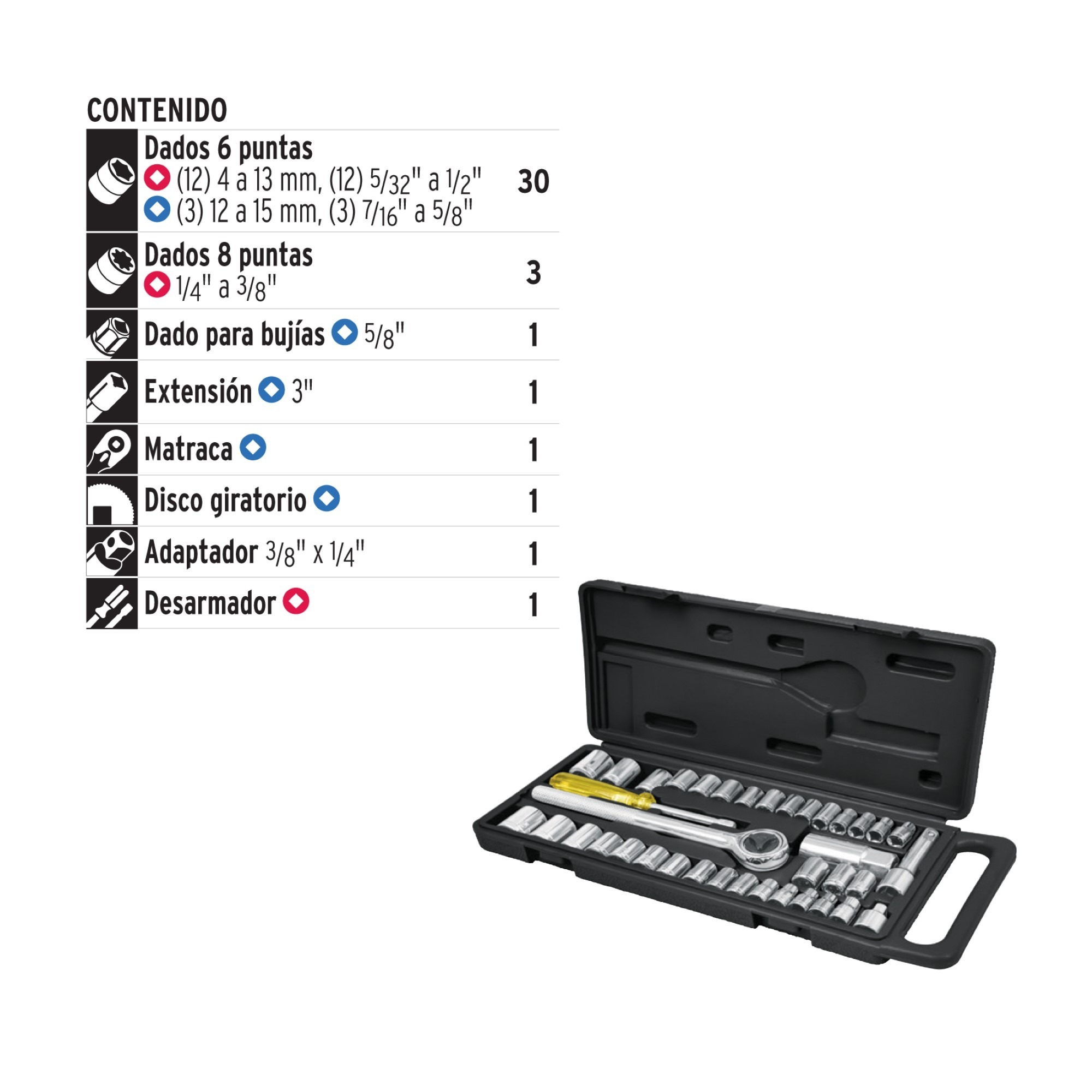 Juego De Copas Y Ratchet 39 Piezas Cuadrante 1/4" Y 3/8" - Imagen 5