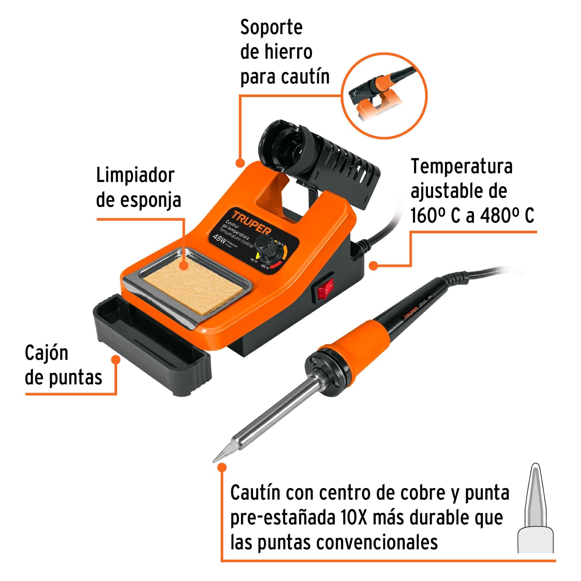 Cautín De 48W Punta 6.3mm Temperatura Ajustable + Estación - Imagen 3