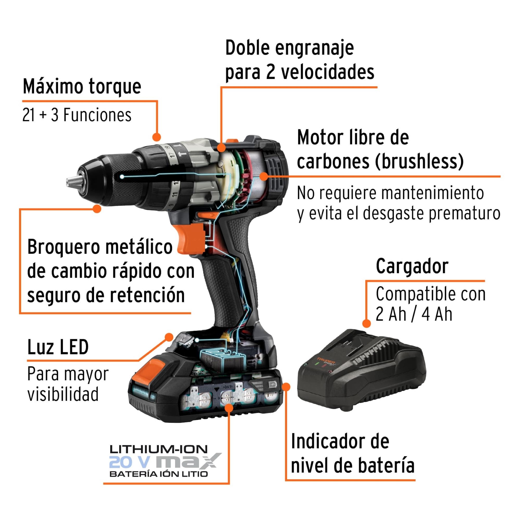 Taladro Percutor 1/2" Sin Carbones Con Accesorios - Imagen 3