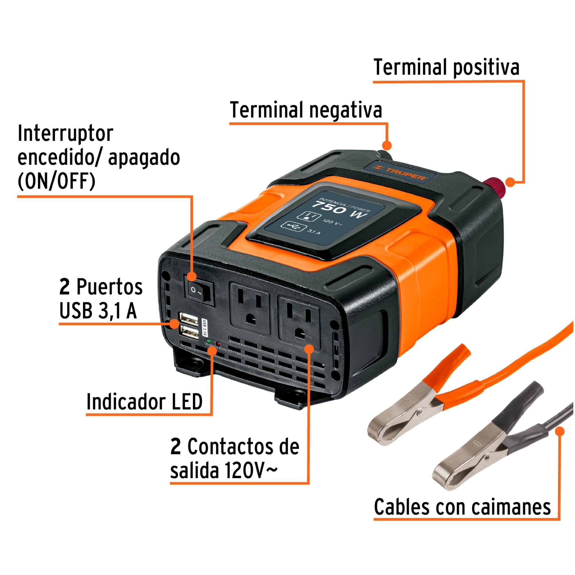 Inversor De Corriente 750 W Para Carro Con Usb Y 2 Enchufes - Imagen 3