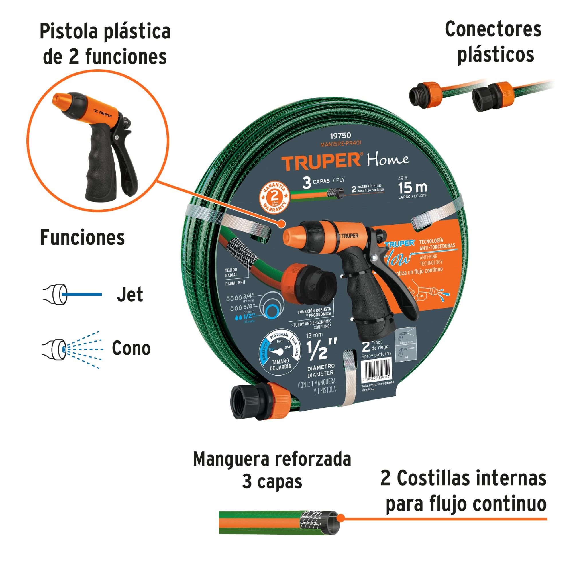 Combo Manguera Reforzada 3 Capas Y Pistola Plástica De Riego - Imagen 5