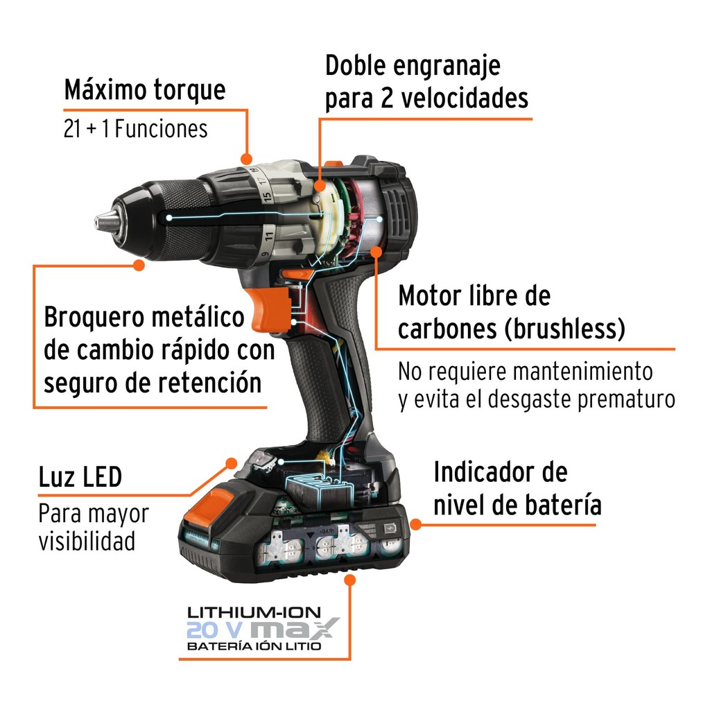 Taladro inalámbrico 1/2" 20V sin carbones Truper MAX - Imagen 2